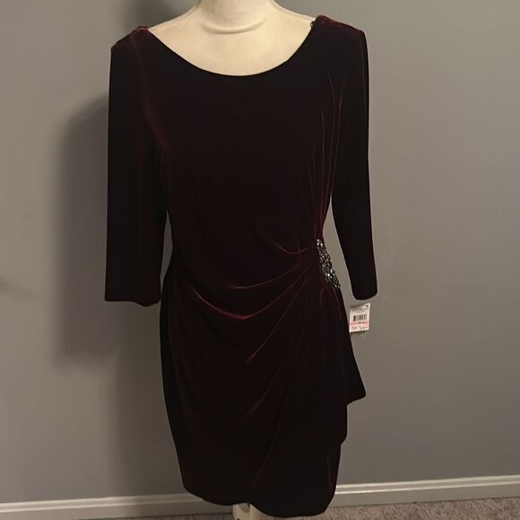 🌸HP🌸ALEX EVENINGS Stretch Velvet Ruched Petite Dress with Beaded Hip! - Picture 5 of 13